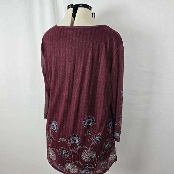 Timeson Blouse Women's 3XL Burgundy Floral Ruffle 3/4 Sleeve Round Neckline NWT - Picture 15 of 16